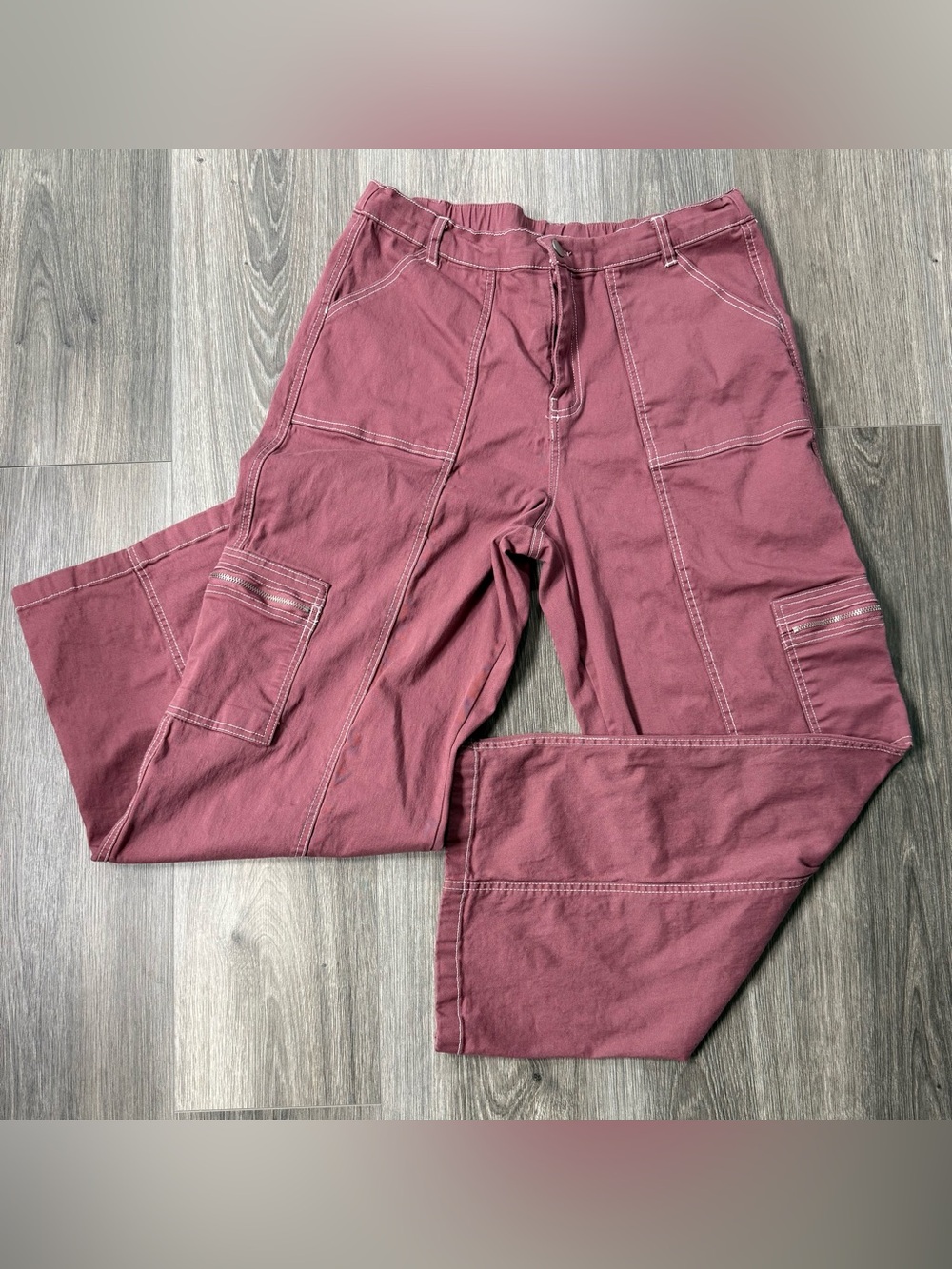 Rachel Paige Mauve Cargo Pant XL Wide Leg Contrast Stitch Zip Pocket Y2K Utility